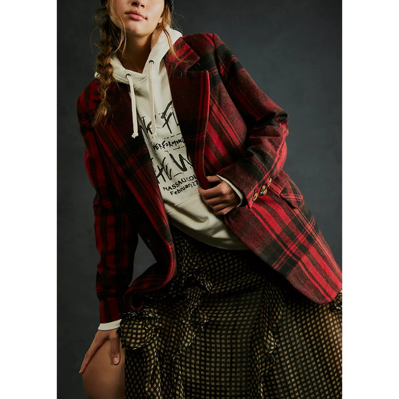 Free People 'Mari' Red Plaid Blazer Size S - Picture 1 of 5
